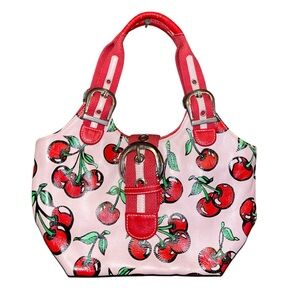 Isabella Fiore Pink Cherry-Print Shoulder Bag with Red Trim